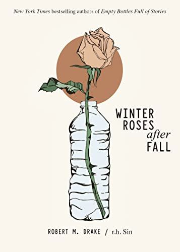 Book cover with a rose in a plastic bottle, brown circle backdrop.