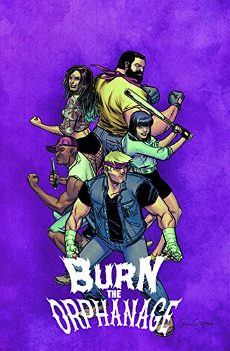 Comic book cover featuring five armed figures against a purple background.