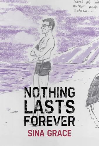 Book cover: illustrated man on beach, bold title "Nothing Lasts Forever".