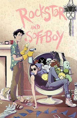 Comic cover: two young men surrounded by plushies in a messy room.