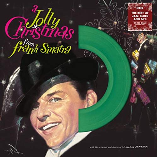 Frank Sinatra’s “A Jolly Christmas” vinyl record with green disc and cover art.