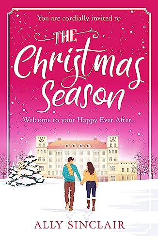 Book cover: pink background, couple walking towards a snowy manor house.