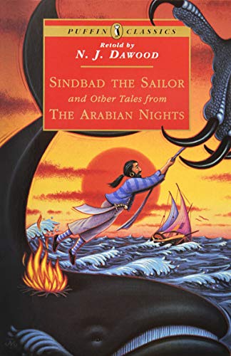 Book cover: Sindbad the Sailor, a man fighting a sea monster and fire.