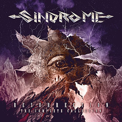 CD cover: eye within a cracked stone, mountains, stormy purple sky.