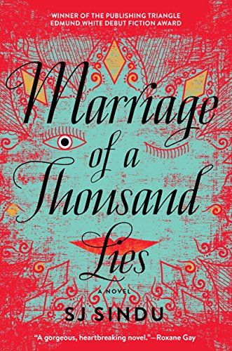 Book cover: “Marriage of a Thousand Lies” with teal and red ornamental design.