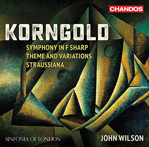CD cover for Korngold symphony, with abstract geometric shapes in gold and green.