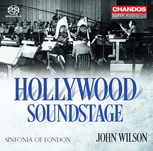 CD cover: orchestra recording session, vintage aesthetic, text “Hollywood Soundstage.”