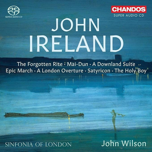 CD cover for John Ireland orchestral works, blue and green landscape.