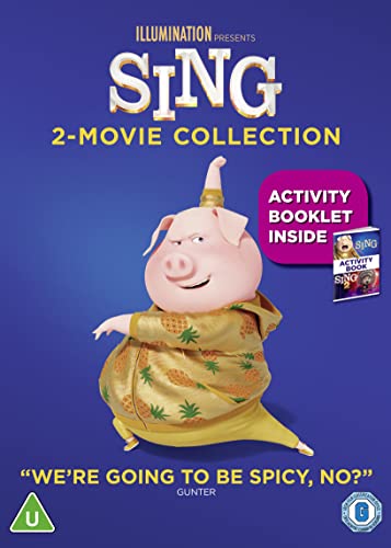 DVD cover for "Sing 1-2" featuring a cartoon pig and activity book.