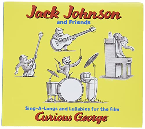 Curious George and monkeys playing musical instruments on a yellow CD cover.
