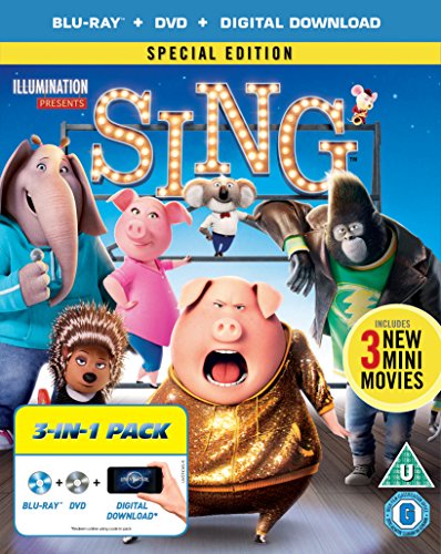 Blu-ray case cover for the animated movie Sing featuring various animal characters.