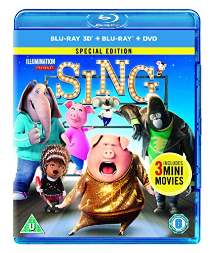 Sing Blu-ray case featuring animated animal characters from the movie on a blue background.