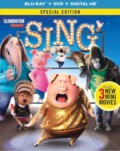 Animated movie characters on blu-ray cover, including pig, elephant, and gorilla in casual clothes.