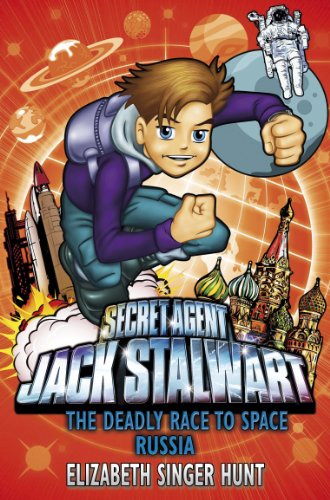 Book cover featuring boy superhero "Jack Stalwart" in a space race setting.