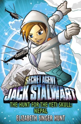 Boy in winter gear, helicopters, mountains, book cover for "Jack Stalwart.
