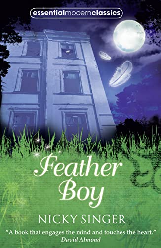 Book cover: "Feather Boy" with a large house, moon, and UFO.
