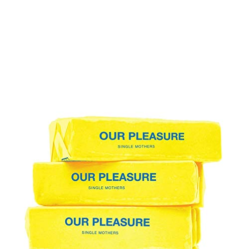 Three yellow vinyl record sleeves stacked, with "Our Pleasure" and "Single Mothers" text on them.