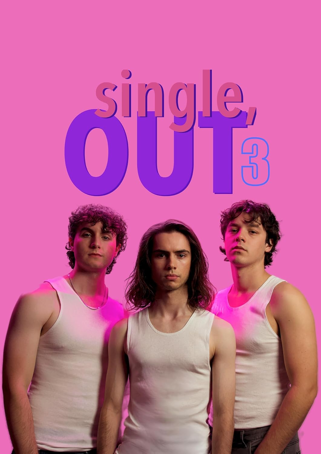 Three young men in white tank tops against a bright pink background with text.