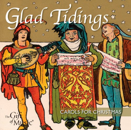 Vintage-style illustration of three carolers with sheet music, titled "Glad Tidings.