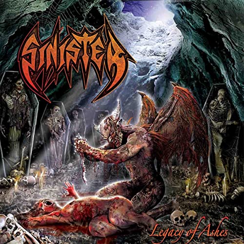 Album cover for Sinister’s “Legacy Of Ashes” featuring demonic figures and skulls.