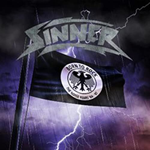 Sinner album cover: band logo, flag, lightning, and eagle emblem.