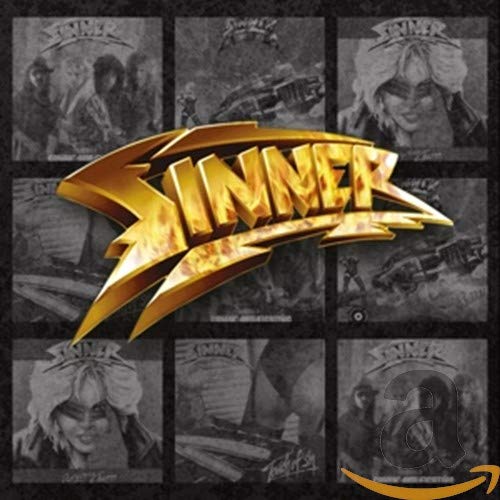 Golden "Sinner" logo over collage of black and white album covers.