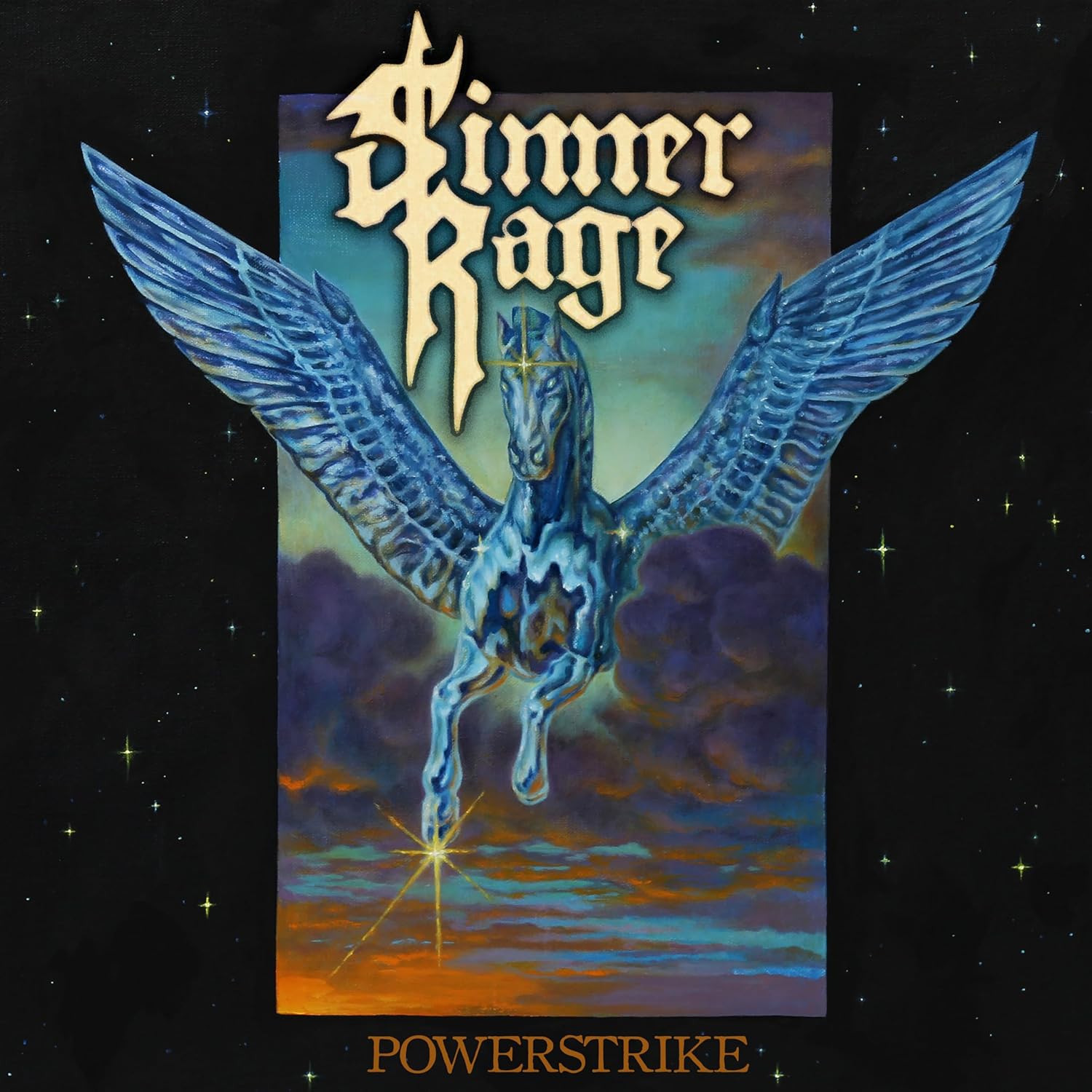 A winged horse flies against a sunset sky with Sinner Rage written above it.