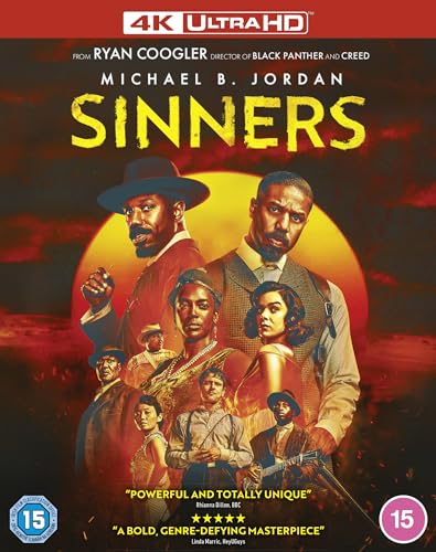 Sinners" Blu-ray cover featuring a group portrait of Black actors in period clothing.