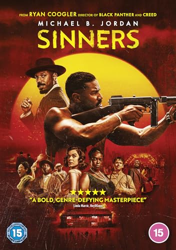 DVD cover for "Sinners" featuring Michael B. Jordan with a gun.