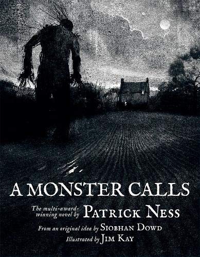 Book cover featuring a dark, shadowy monster standing in a field near a house.