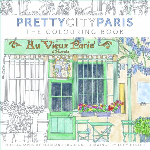 Cover of a Paris-themed colouring book featuring a line drawing of a cafe storefront.