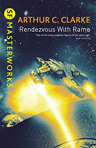 Book cover for Rendezvous With Rama featuring a spaceship flying through space near Earth.