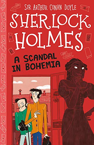 Book cover for A Scandal in Bohemia featuring cartoon illustrations of Sherlock Holmes and others.