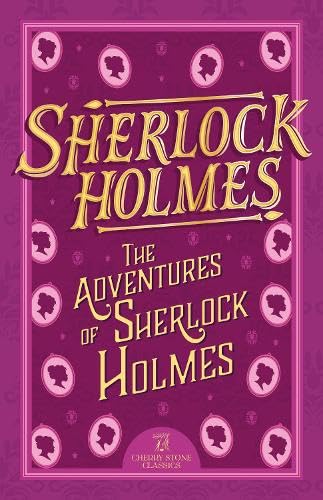 Book cover for The Adventures of Sherlock Holmes with purple background and silhouette cameos.