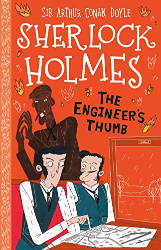 Book cover for Sherlock Holmes: The Engineer's Thumb featuring illustrated characters on orange background.