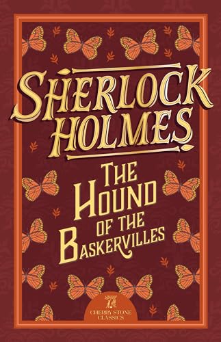 Book cover for Sherlock Holmes: The Hound of the Baskervilles on a butterfly-patterned background.