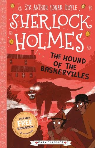 Book cover featuring Sherlock Holmes and Watson facing a glowing-eyed hound in red tones.
