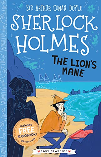Book cover featuring Sherlock Holmes on a beach with a cartoon illustration.