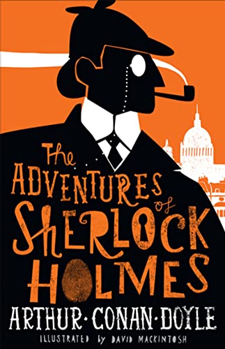 Stylized illustration of Sherlock Holmes in profile against an orange background with London skyline.
