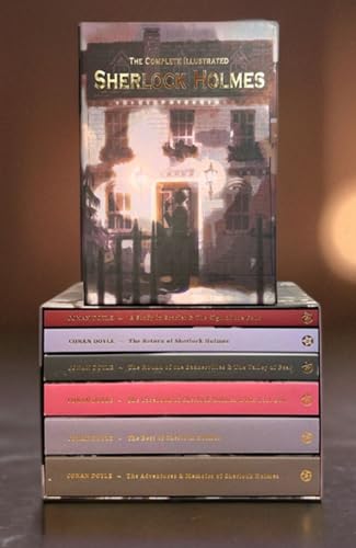 Stack of books, including "The Complete Illustrated Sherlock Holmes" on top.