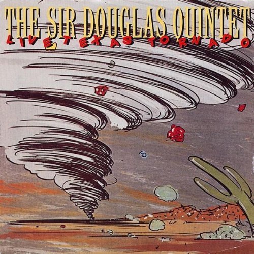 "Album cover featuring a cartoon tornado with debris, titled 'The Sir Douglas Quintet'."
