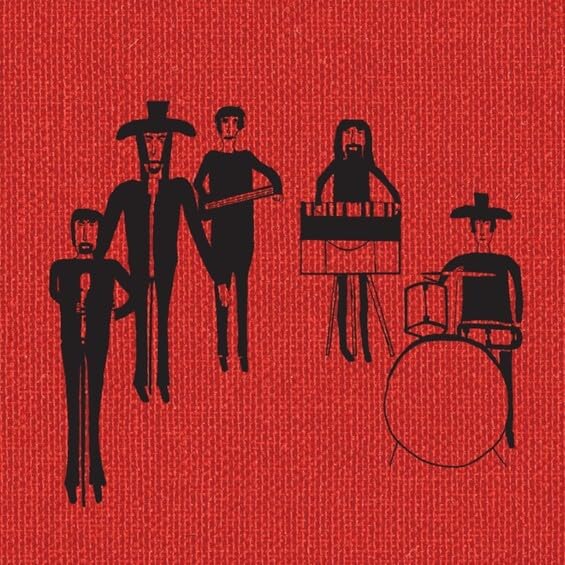 Red album cover featuring stylized black silhouettes of a band.