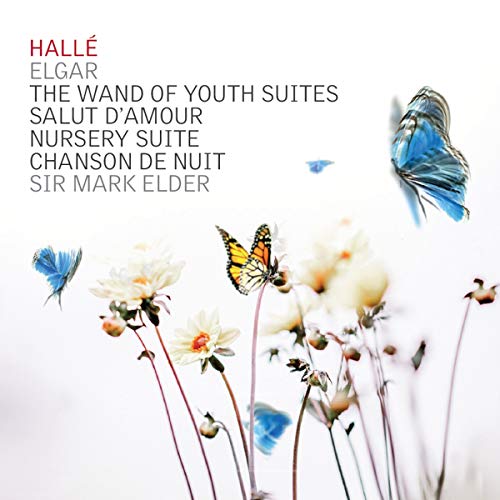 CD cover with text listing Elgar works, featuring butterflies flying over white flowers.