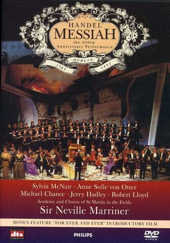 DVD cover for Handel's Messiah, featuring a choir and orchestra, Sir Neville Marriner.