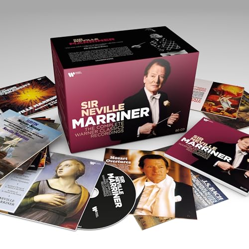 Box set of Sir Neville Marriner CDs with a portrait and various album covers.