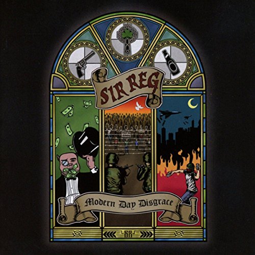 "Album cover for 'Sir Reg - Modern Day Disgrace' with stained-glass design and various scenes."