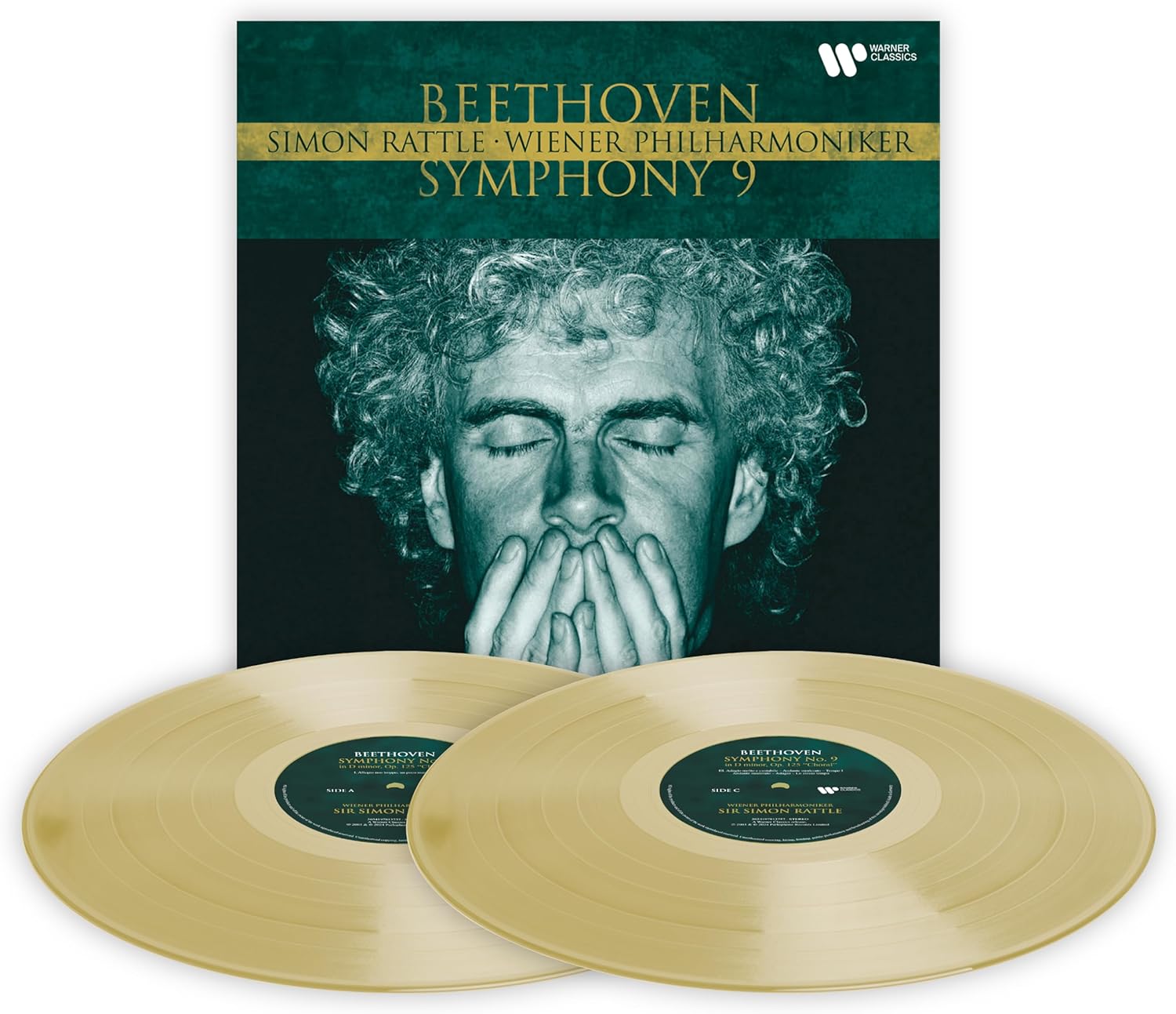 Beethoven’s Symphony No. 9 vinyl record with conductor Sir Simon Rattle’s portrait.