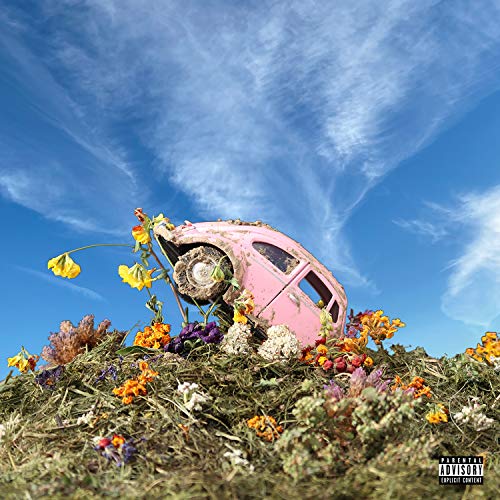 Album cover: pink car crashed in wildflowers under a blue sky.