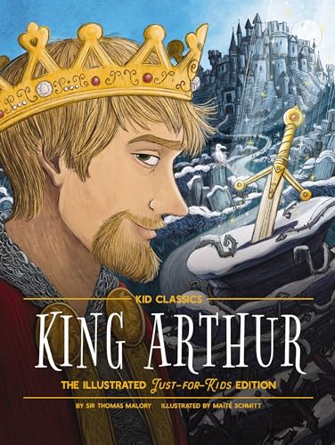 Illustration of King Arthur with sword and crown, book cover.