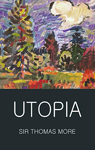 Book cover of Utopia by Sir Thomas More with an impressionistic forest painting above.